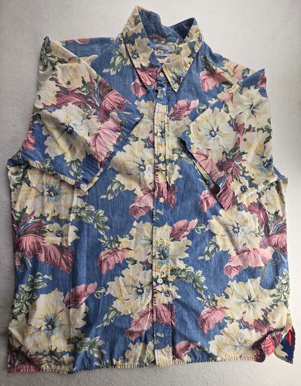 Reyn Spooner Tropical Blue Floral Short Sleeve Button Down Size Large